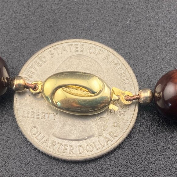 Vtg 9K Solid Gold Ball & 10mm Tigers Eye Beaded Necklace 18" - Lots of Gold - Picture 8 of 15